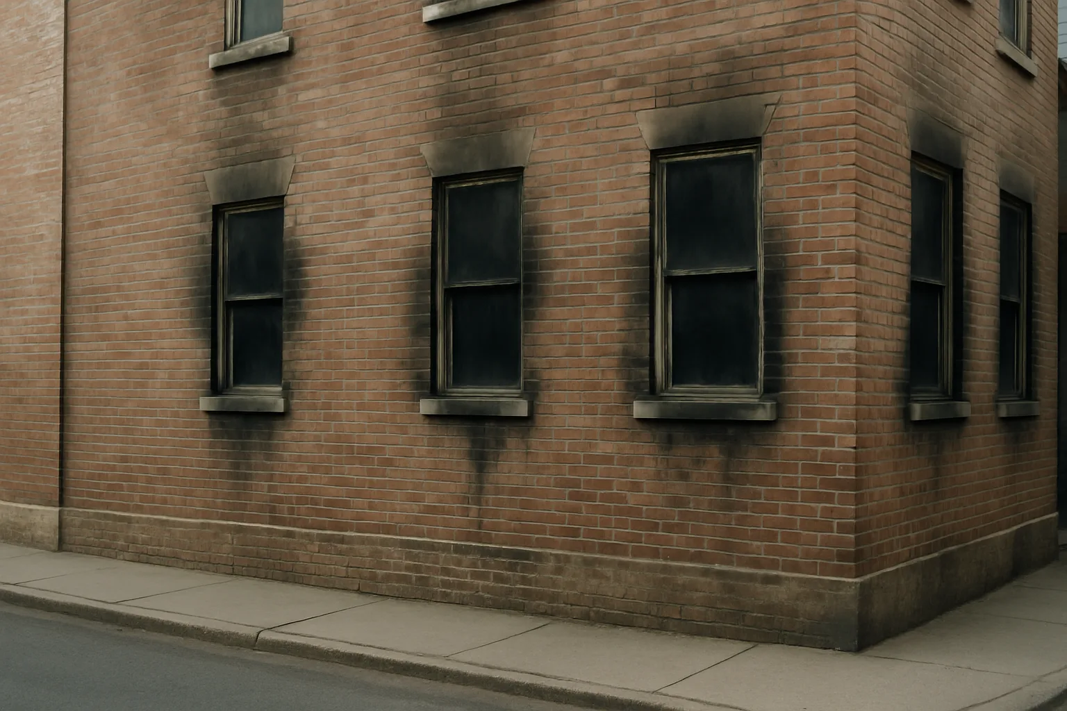Façade d'immeuble en brique avec des fenêtres noircies par la fumée après un squat