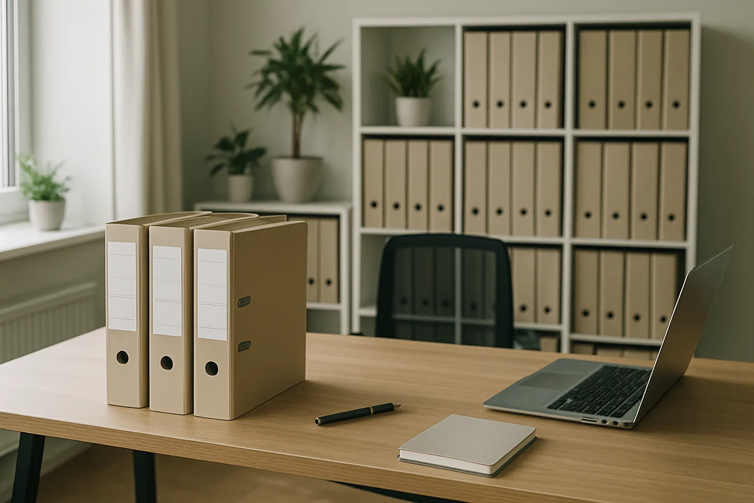 Bureau bien organisé avec dossiers classés, lumière douce, représentant une gestion méthodique des litiges