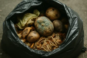 Sac poubelle éventré avec des déchets alimentaires pourris visibles en gros plan