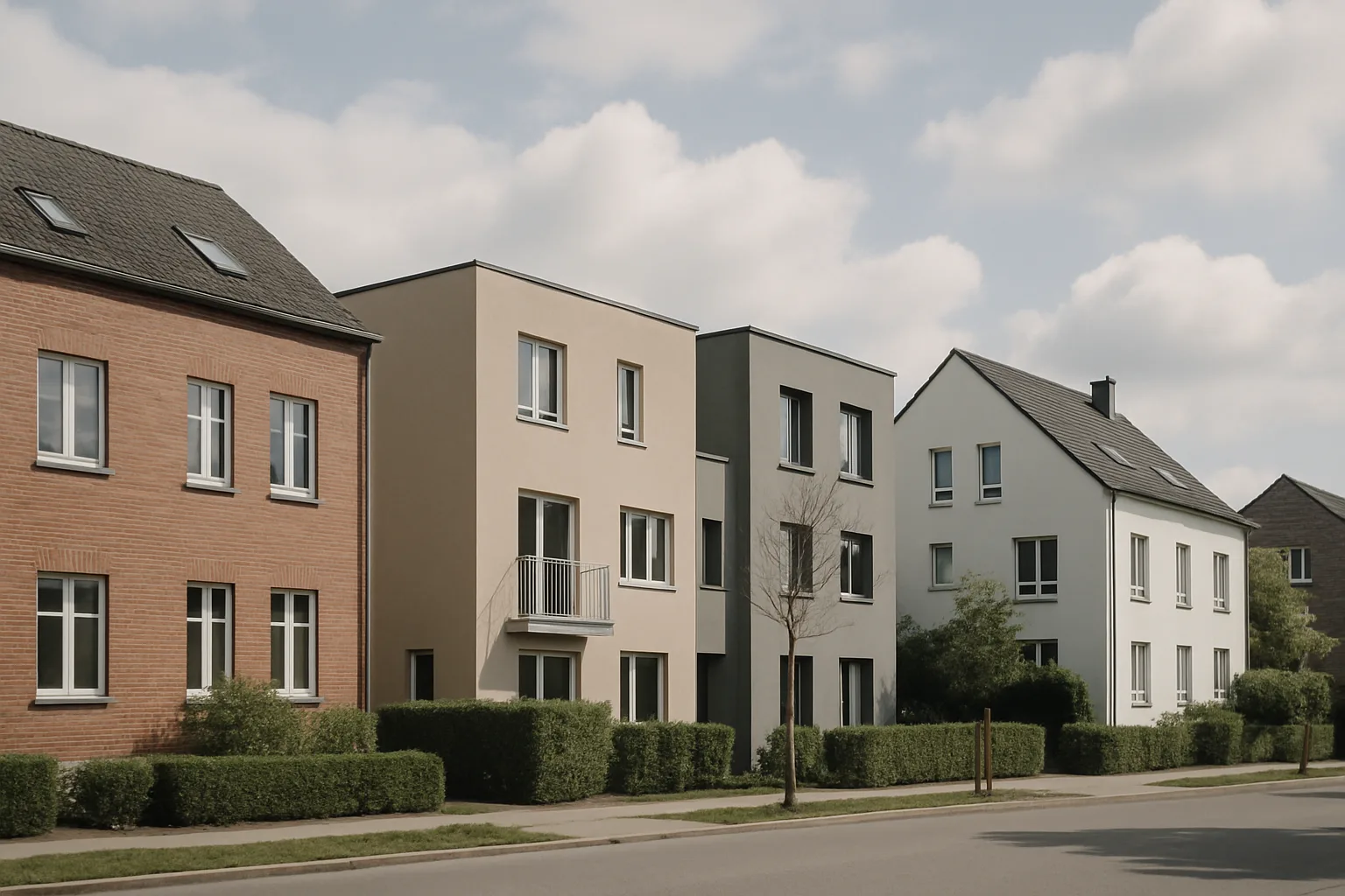 Quartier résidentiel avec façades d'immeubles sous un ciel nuageux
