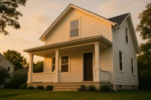 Maison rénovée avec façade repeinte et jardin entretenu au coucher du soleil.