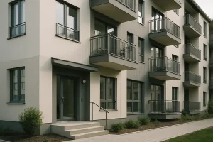 Entrée principale d'un immeuble résidentiel moderne, vue extérieure