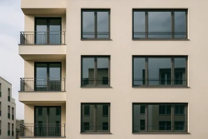 Vue d'un immeuble résidentiel moderne et propre après un nettoyage post-squat