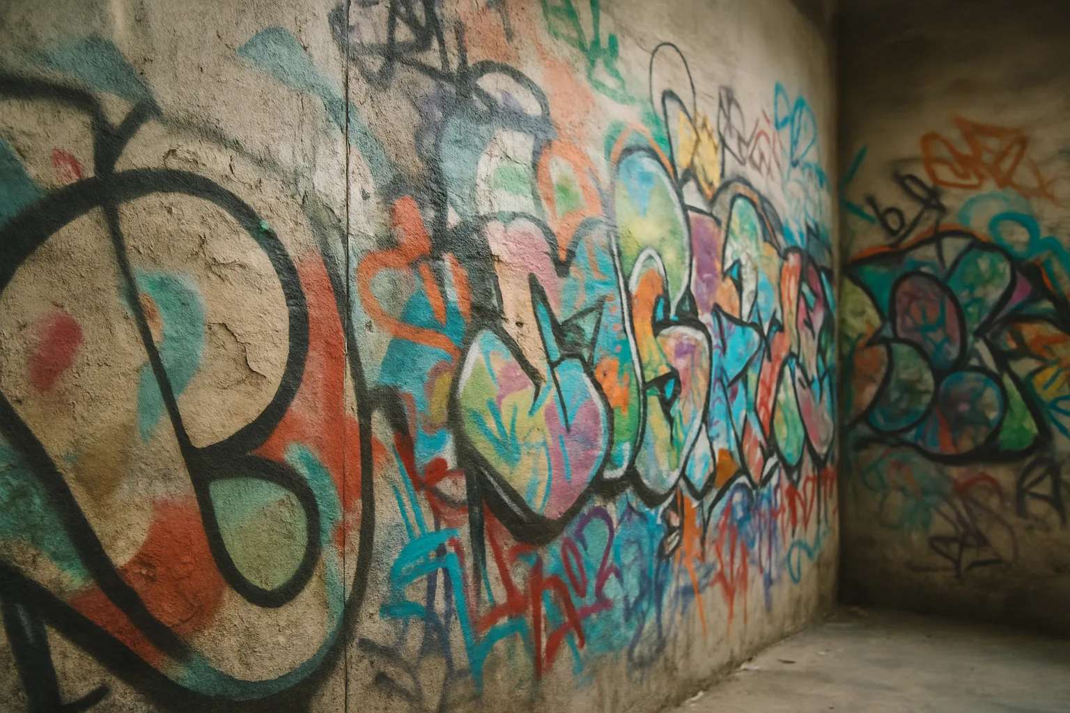 Mur intérieur couvert de graffitis colorés, éclairage doux, angle de trois quarts