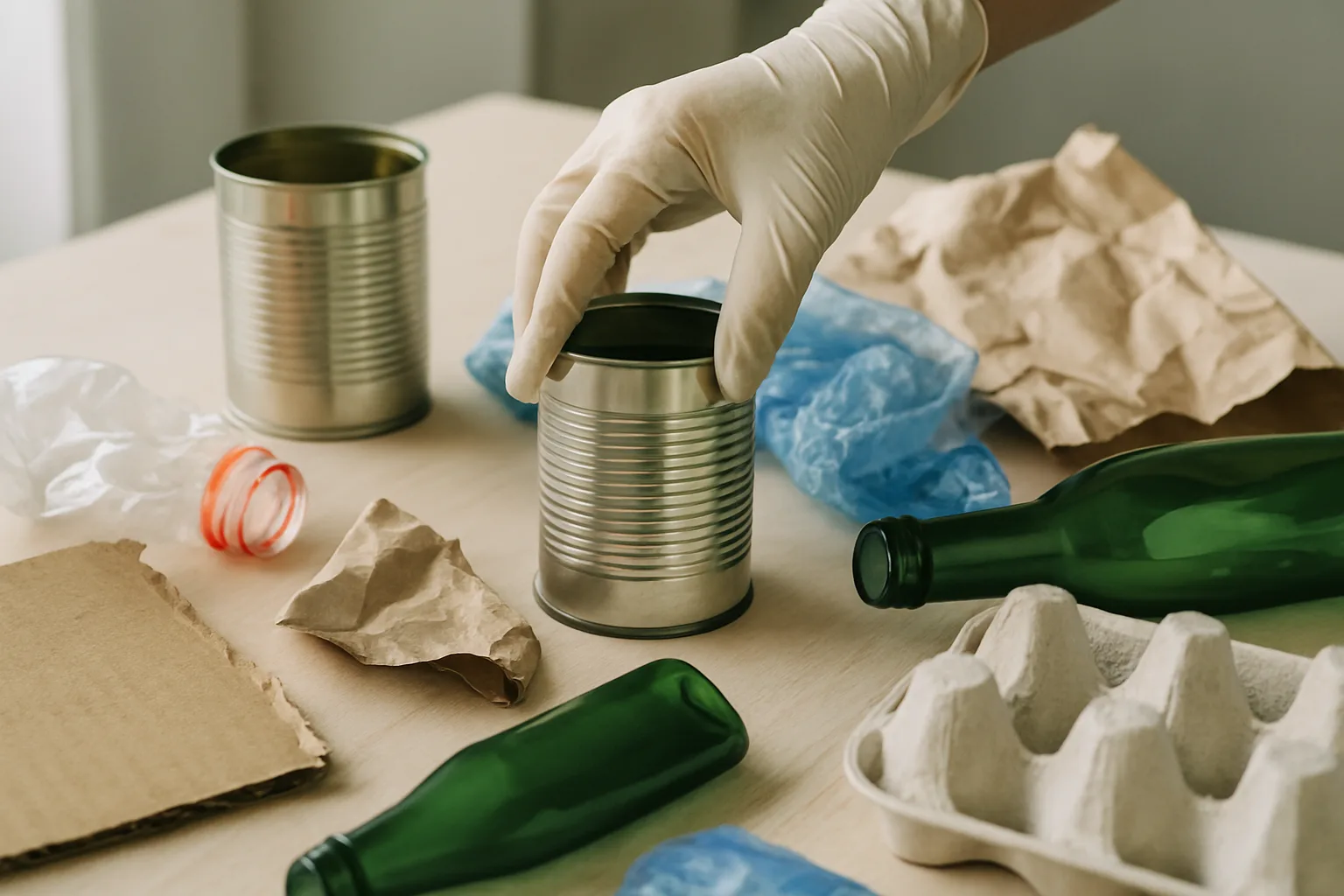 Main gantée triant des objets variés sur une table, lumière naturelle