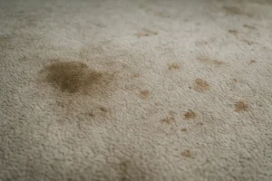 Gros plan sur une moquette tachée, montrant les fibres et les taches sous lumière naturelle