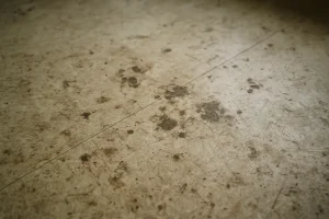 Gros plan sur un sol en linoléum usé et taché après un squat