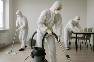 Travailleurs en tenue de protection nettoyant un espace intérieur après un squat avec des outils