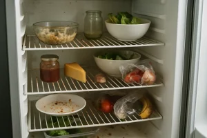 Intérieur d'un réfrigérateur ouvert avec des résidus alimentaires, lumière naturelle