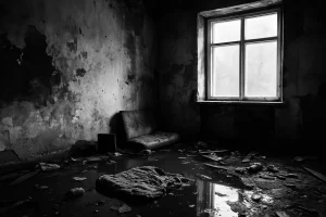Pièce inondée avec débris et traces de squat, lumière du jour par la fenêtre