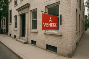 Façade d'un immeuble avec un panneau 'À vendre', rue calme en plein jour