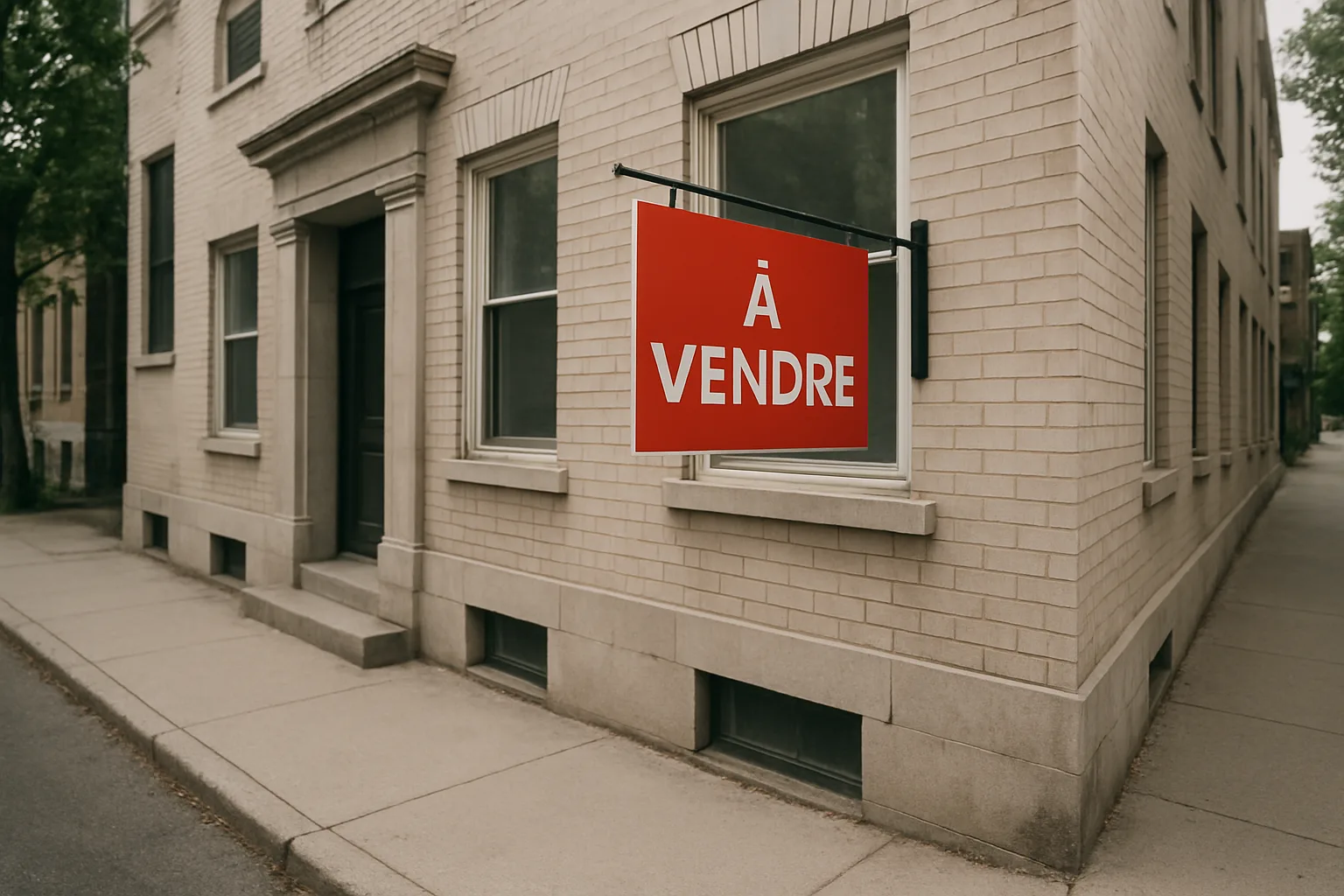 Façade d'un immeuble avec un panneau 'À vendre', rue calme en plein jour