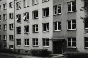 Façade d'un immeuble collectif avec fenêtres ouvertes, en noir et blanc