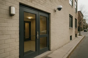 Entrée d'immeuble avec caméra de sécurité, rue visible en arrière-plan.
