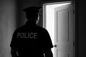 Silhouette d'un officier de police devant une porte entrouverte d'un logement squatté