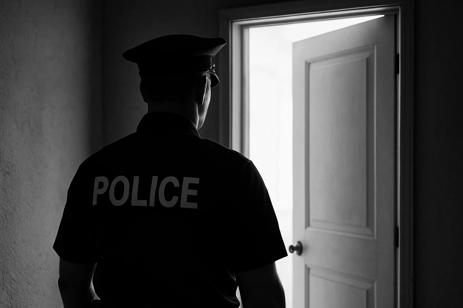 Silhouette d'un officier de police devant une porte entrouverte d'un logement squatté