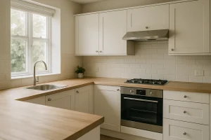 Cuisine moderne et lumineuse rénovée après un nettoyage post-squat, appareils brillants et plan de travail en bois clair.