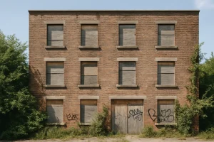 Façade d'immeuble avec portes et fenêtres barricadées, graffitis visibles.