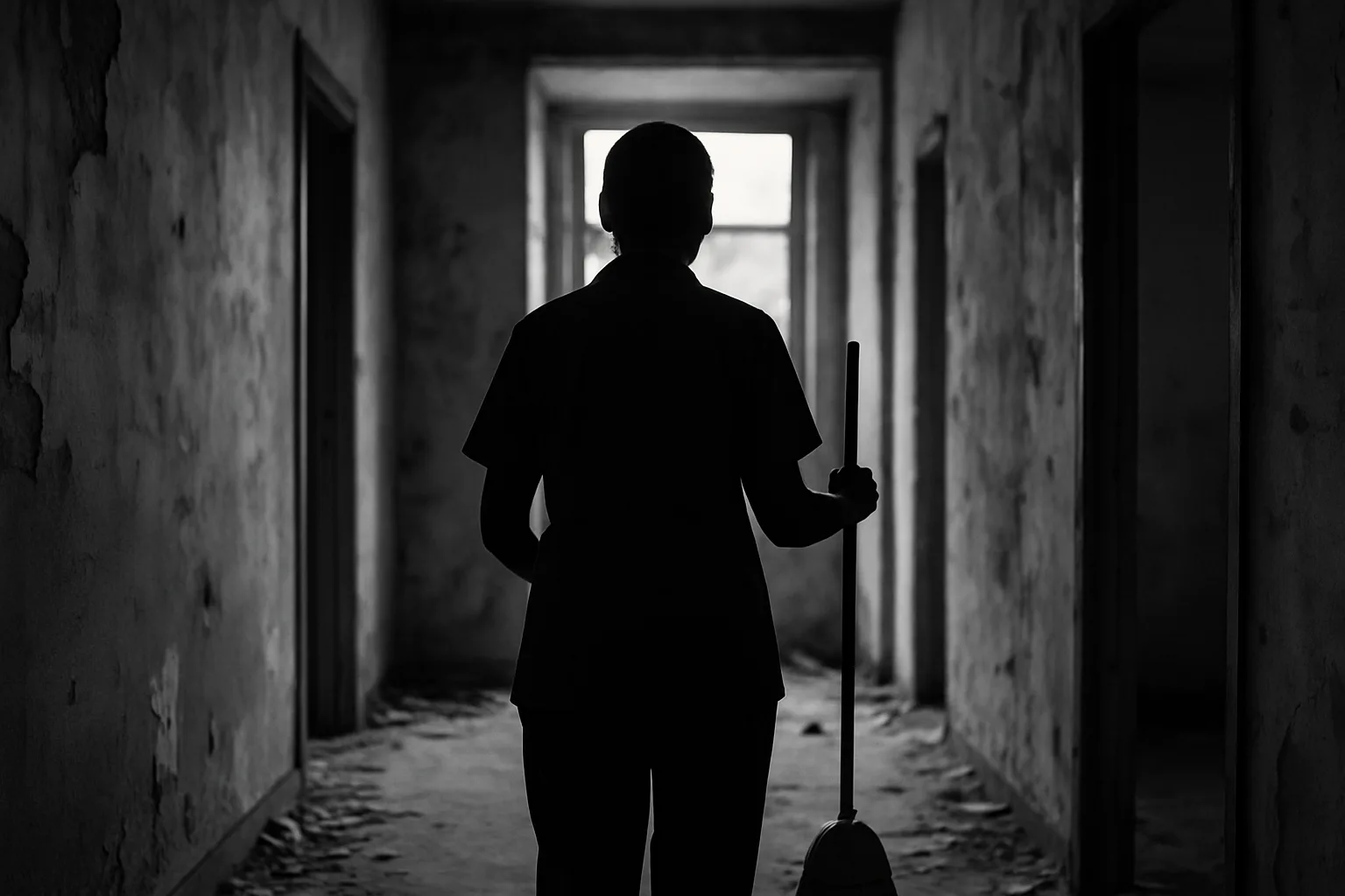 Silhouette de dos d'un nettoyeur avec balai, couloir vidé après squat, noir et blanc.