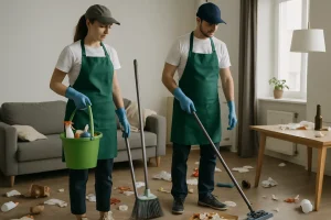 Deux nettoyeurs dans un appartement en désordre, utilisant des outils de nettoyage.