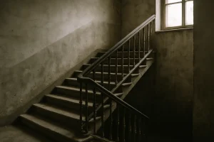 Escalier intérieur délabré avec traces de saleté et balustrade usée