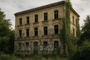 Façade d'un immeuble ancien avec graffitis et végétation, ciel nuageux