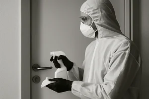 Technicien désinfectant une poignée de porte en noir et blanc, scène professionnelle