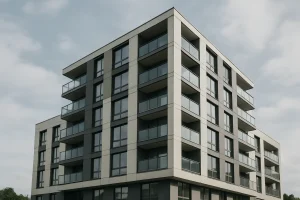 Immeuble moderne de plusieurs étages, vue de la rue, ciel nuageux