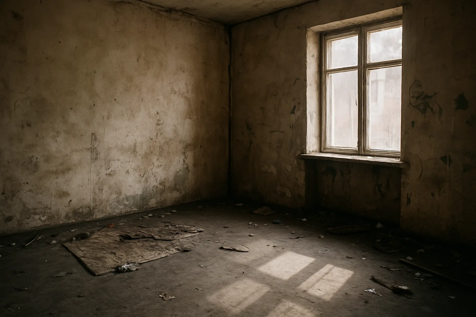 Intérieur d'une pièce avec murs défraîchis, traces de squat visibles, lumière douce.