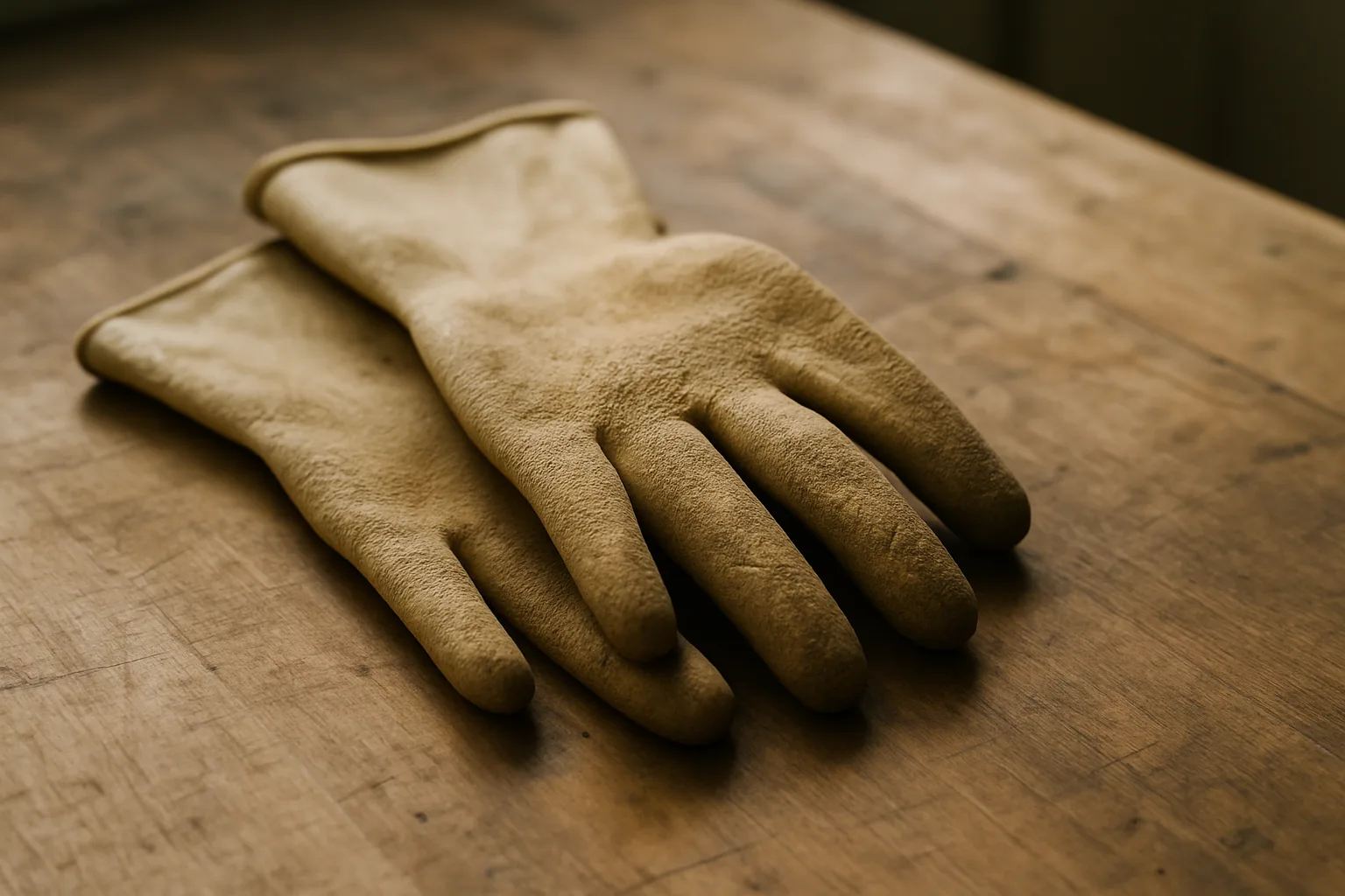 Gros plan sur des gants en caoutchouc usés, posés sur une table, éclairage naturel