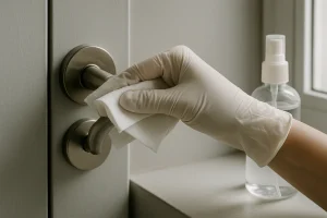 Main en gant désinfectant une poignée de porte métallique avec un flacon de désinfectant visible
