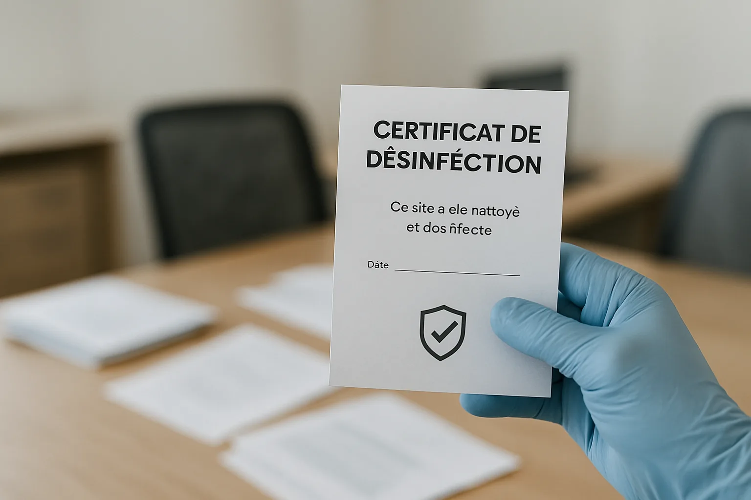 Main en gant tenant un certificat de désinfection, bureau flou en arrière-plan