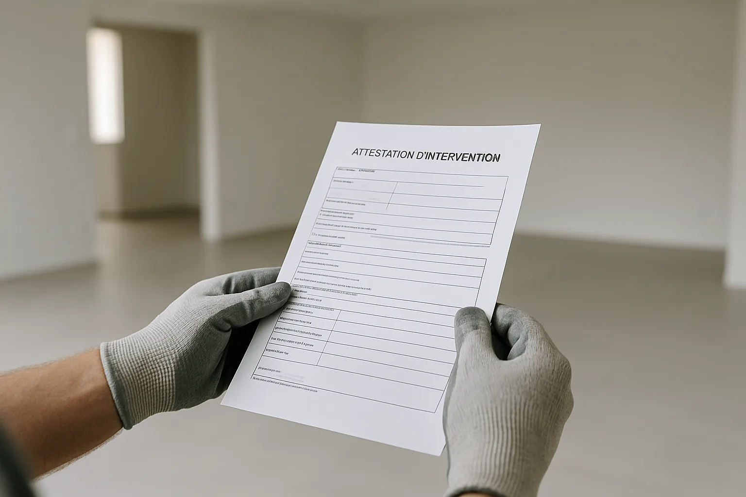 Deux mains gantées tenant une attestation d'intervention, arrière-plan propre.