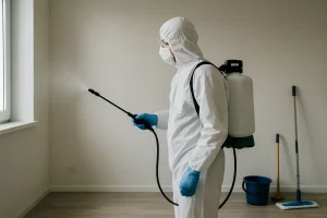 Technicien en tenue de protection pulvérisant un désinfectant dans une pièce vide.
