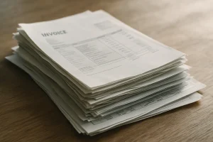 Pile de factures et documents financiers sur une table en bois, éclairage naturel