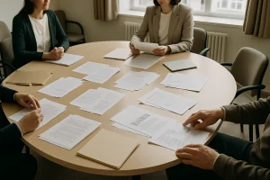 Salle de réunion de copropriété avec documents et mains en action