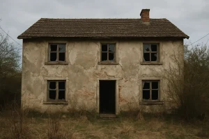 Façade d'une maison squattée délabrée, avec fenêtres cassées et jardin en friche