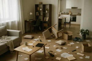 Appartement en désordre avec meubles renversés et objets éparpillés