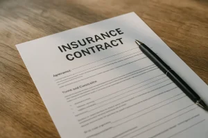 Gros plan d'un contrat d'assurance sur une table en bois éclairée naturellement.