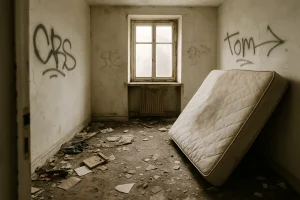 Chambre dévastée avec matelas renversé, détritus au sol et murs tagués.