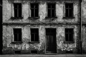 Façade d'immeuble délabrée en noir et blanc, affiches déchirées, lumière du jour