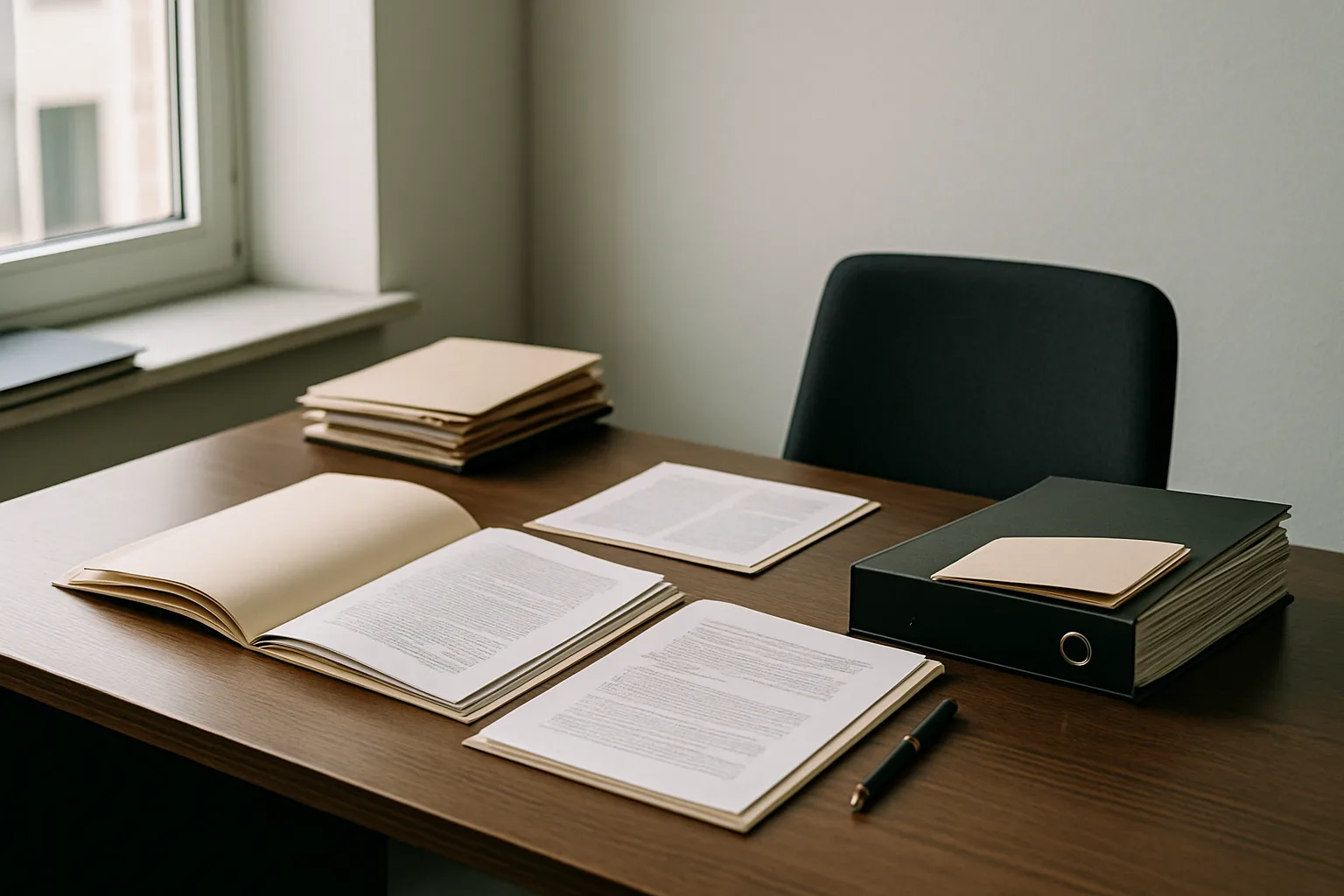 Bureau professionnel avec dossiers ouverts, lumière naturelle, chaise vide