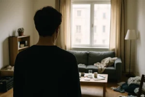 Silhouette de dos devant un appartement désordonné, lumière douce traversant une fenêtre.