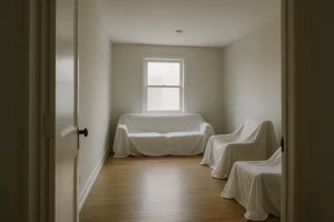 Appartement vide avec meubles couverts, lumière douce, ambiance silencieuse