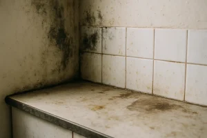 Surfaces de cuisine avec moisissure et graisse, éclairage naturel