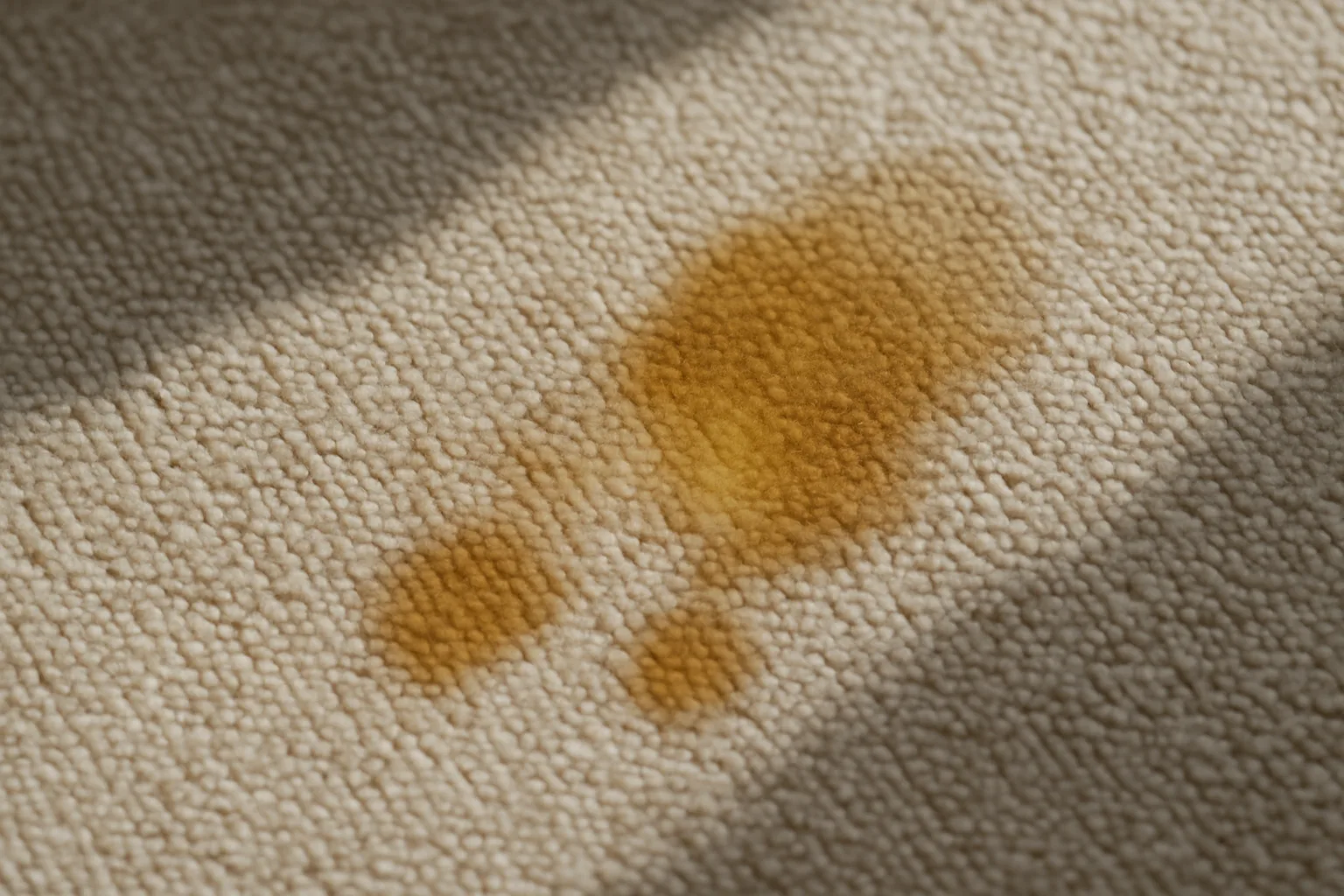Gros plan sur un tapis avec des traces d'urine animale, éclairage naturel