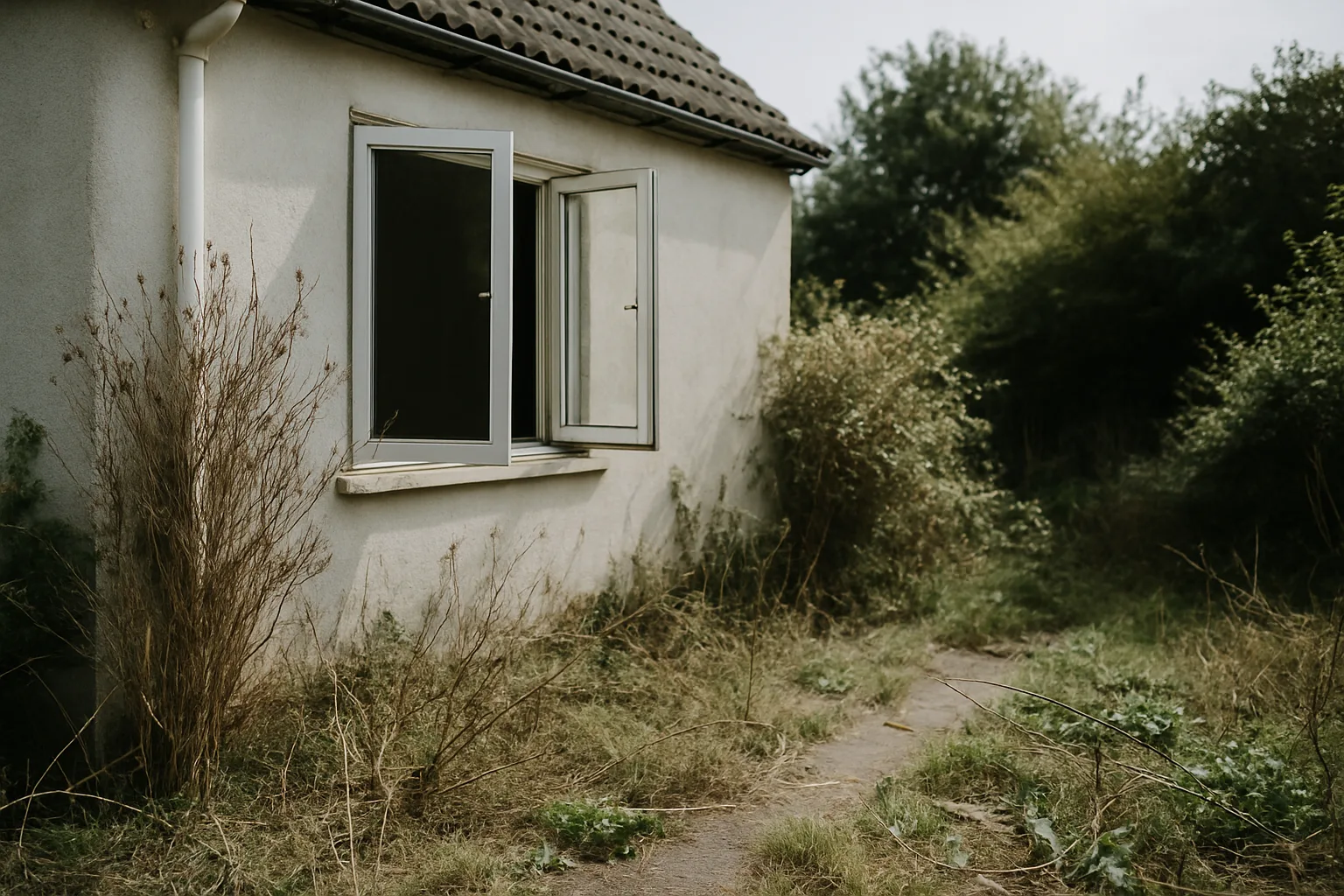 Maison avec fenêtre ouverte, jardin en désordre, potentiels signes d'infestation.
