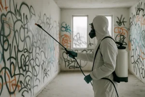 Technicien en combinaison pulvérisant un produit sur des murs tagués dans une pièce après un squat