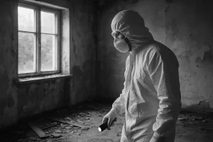 Technicien inspectant une pièce après squat, en noir et blanc, avec équipement de protection