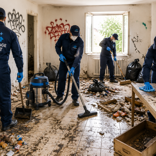 Équipe de nettoyage dans un squat détruit